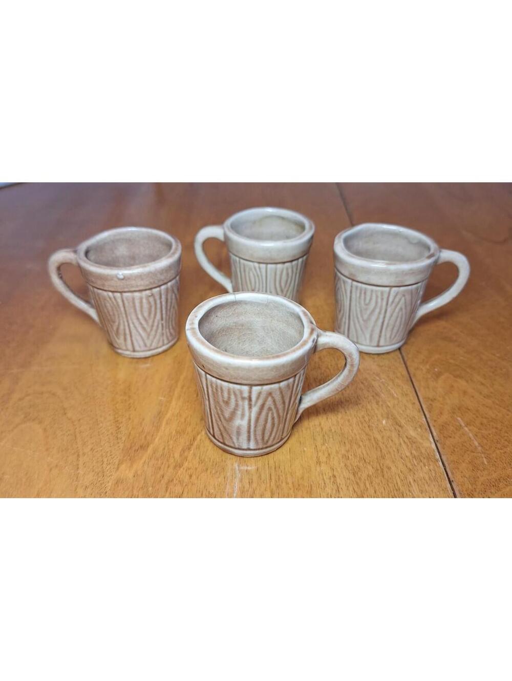 Miniature VTG Shot Mugs Faux Bois Ceramic Wood Grain Japan MCM Set of 4 1.75"H